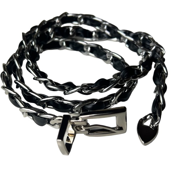 Chain Belt Black faux Leather Silver Chain with Heart Medallion Belt